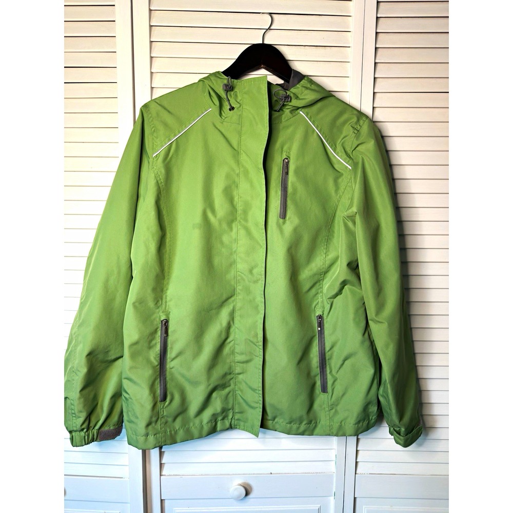 Eddie Bauer Sport Womens Petite PL Green Hooded Zip Snap Jacket Pockets Ripstop